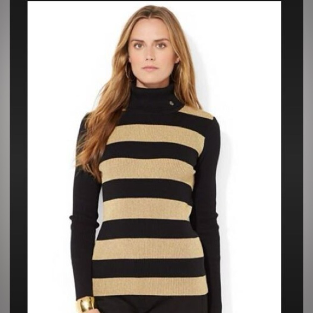 Lauren Ralph Lauren Black Gold Metallic Stripe Ribbed Turtleneck Sweater‎ L